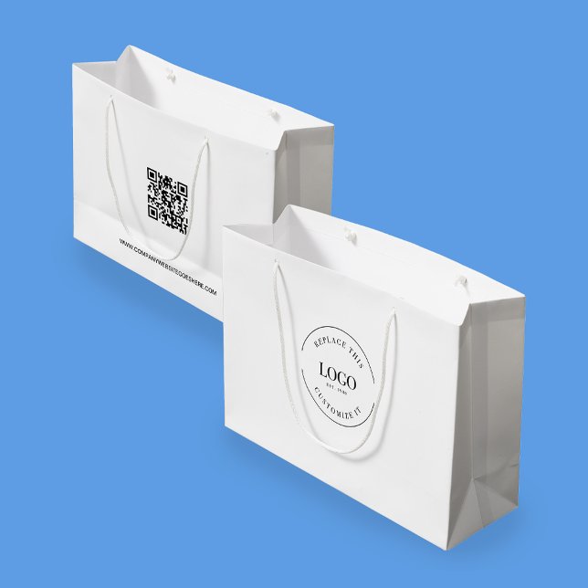 QR-Code Firmenlogo Firmenwebsite Große Geschenktüte (Front and back of business gift bag with logo, QR code and website.)