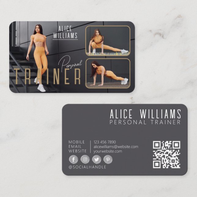 QR Code Fitness Gold & Gray Personal Trainer Foto Visitenkarte (Vorne/Hinten)