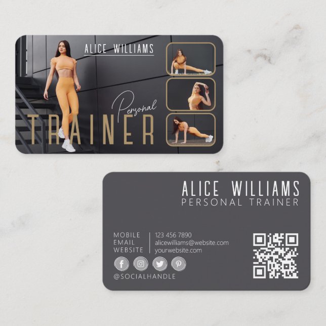 QR Code Fitness Gold & Gray Personal Trainer Foto Visitenkarte (Vorne/Hinten)