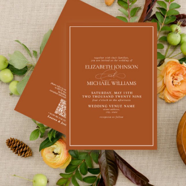 QR Code Formal Burnt Orange Classic Script Wedding Einladung (Von Creator hochgeladen)