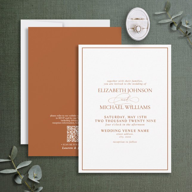 QR Code Formal Burnt Orange Classic Script Wedding Einladung (Von Creator hochgeladen)