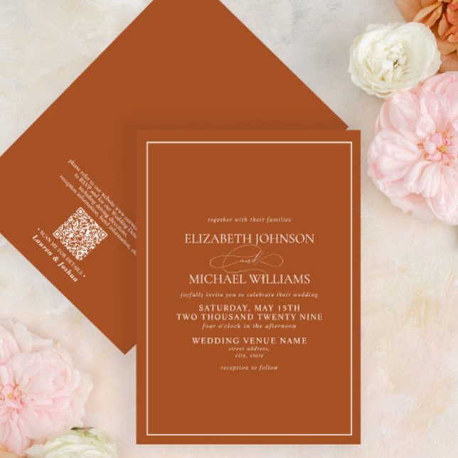 QR Code Formal Burnt Orange Classic Script Wedding Einladung (Von Creator hochgeladen)