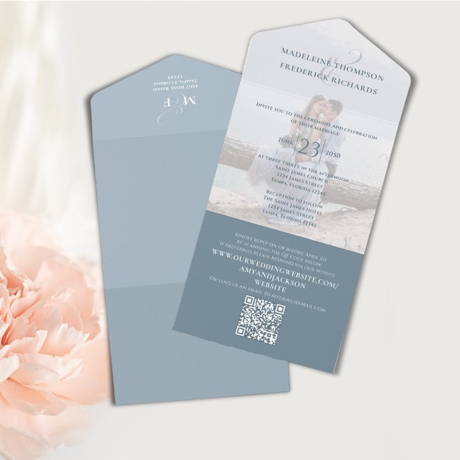 QR Code Foto Elegant Dusty Blue UAWG Online All In One Einladung (Elegant Dusty blue wedding invitation with QR code and photo template. )