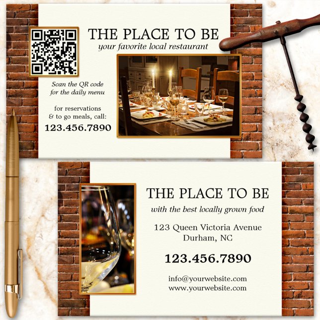 QR Code Foto Restaurant Business Card Visitenkarte (Restaurant business card with your custom photos and QR code on a simple chic background)