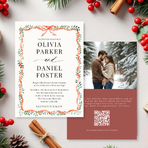 QR-Code-Foto-Rotband & Schleife Winterhochzeit Einladung