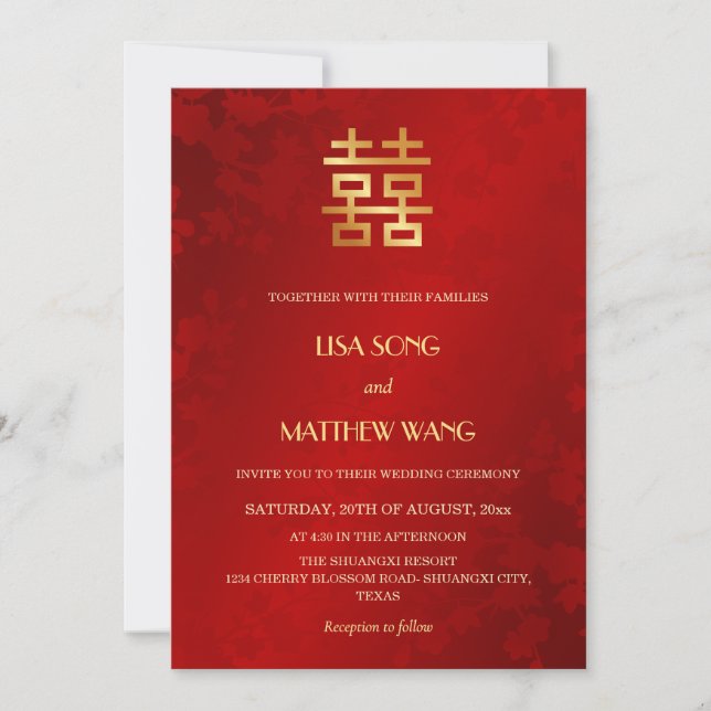 QR-Code Foto | Rote Gold-Chinesische Hochzeit Einladung (Vorderseite)
