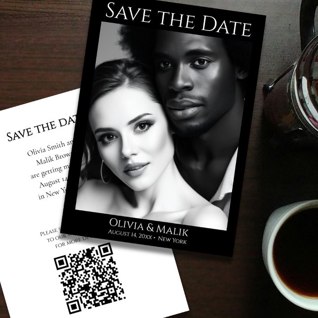 QR-Code Foto Save the Date (Modern Black & White Photo QR Code Save the Date - front and back)