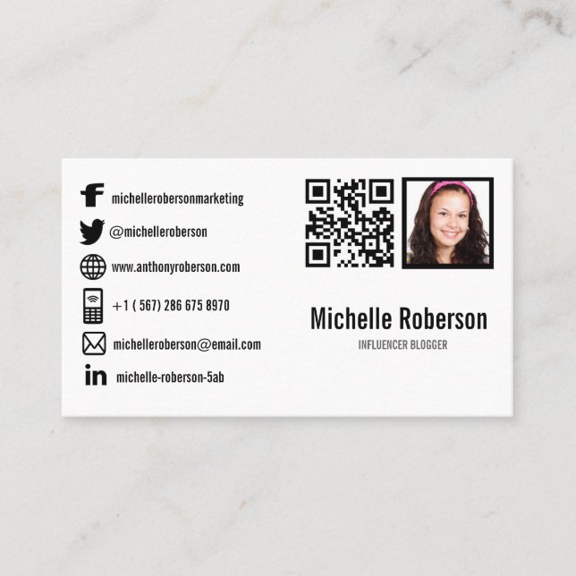 QR-Code Foto- und Sozialmediensymbole Visitenkarte (Vorderseite)