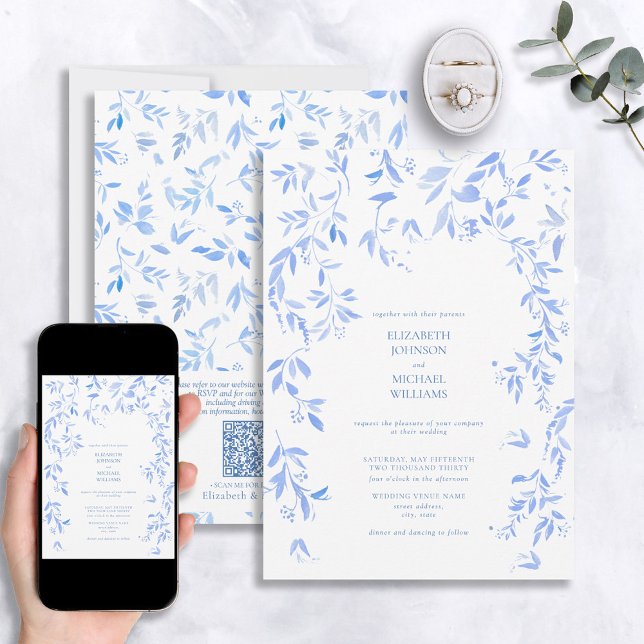 QR Code French Blue Floral Botanical Wedding Einladung (Von Creator hochgeladen)