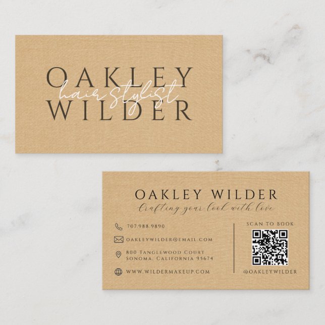 QR-Code Friseur Beige Faux-Leinen Visitenkarte (Vorne/Hinten)