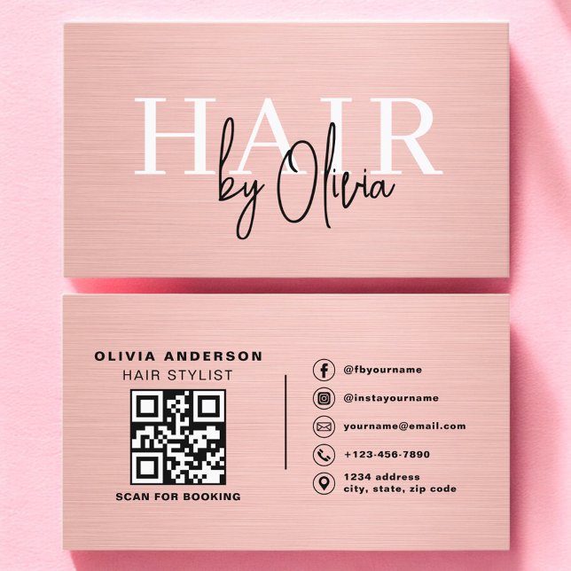 QR-Code-Friseur Pink Metallic-Typografie  Visitenkarte (Von Creator hochgeladen)