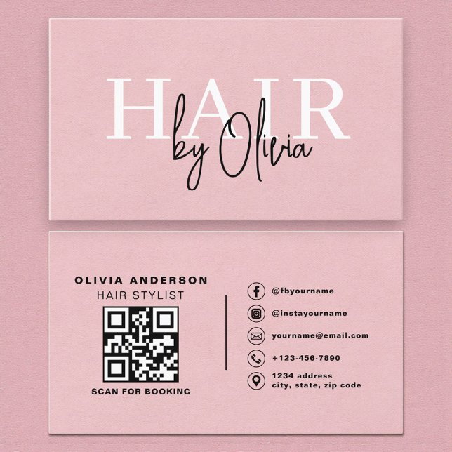 QR-Code Friseur Pink Suede Typografie  Visitenkarte (Von Creator hochgeladen)