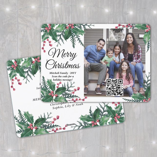 QR Code Frory Christmas Holly Greenery One Foto Feiertagskarte (Von Creator hochgeladen)