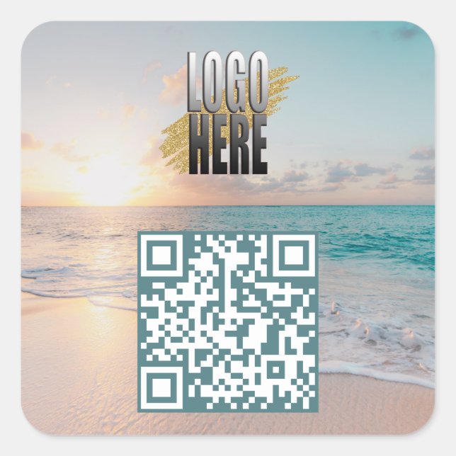 QR-Code für Beach-Foto mit Business-Logo Quadratischer Aufkleber (Vorderseite)