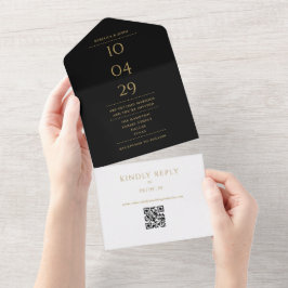 QR-Code für Black-an-Gold-Monogramm-Hochzeitdatum All In One Einladung