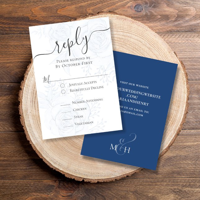 QR-Code für Blue Wedding RSVP Karte (Classic RSVP vertical style card with elegant blue floral design and monogram back.)
