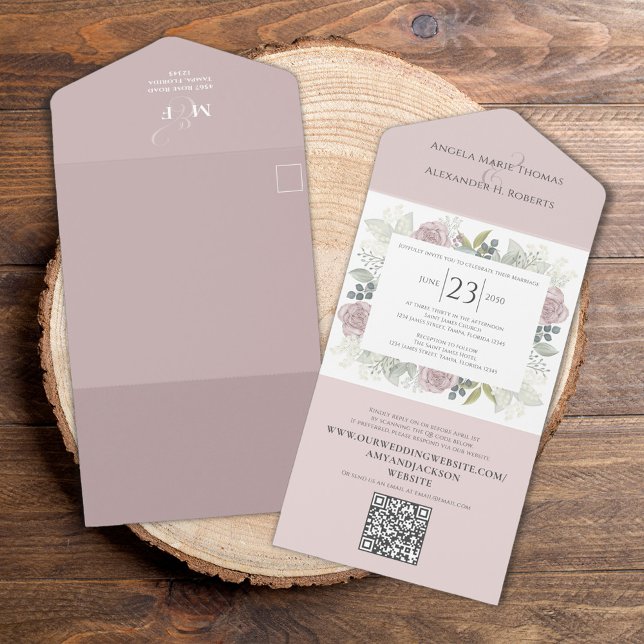 QR-Code für Blumenmuster Eleganter UAWG Online-Ros All In One Einladung (Elegant Wedding Invitation All in One style with a QR code and pink blush floral template. )