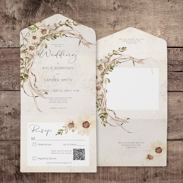 QR-Code für Boho Cream Daisies & Trockengras All In One Einladung (Boho Cream Daisies & Dried Grass QR Code All In One Invitation)