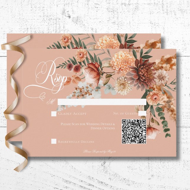 QR-Code für Boho Peach & Rust Peach Blush RSVP Karte (Boho Peach & Rust Floral Peach Blush Dinner RSVP Card with QR Code)