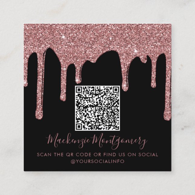 QR-Code für den Glitzer "Black Rose Gold Drilling" Quadratische Visitenkarte (Rückseite)