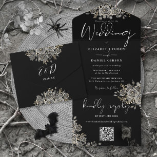 QR-Code für die Hochzeit von Gothic Black and Whit All In One Einladung