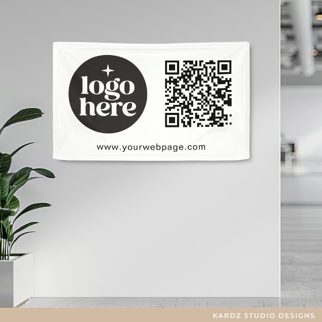 QR-Code für einfache White Business-Logos Banner (Add your logo, create QR Code with URL and enter your custom text.)