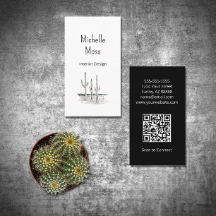 QR-Code für einfache Wüstenkaktus Schwarz-weiß Visitenkarte