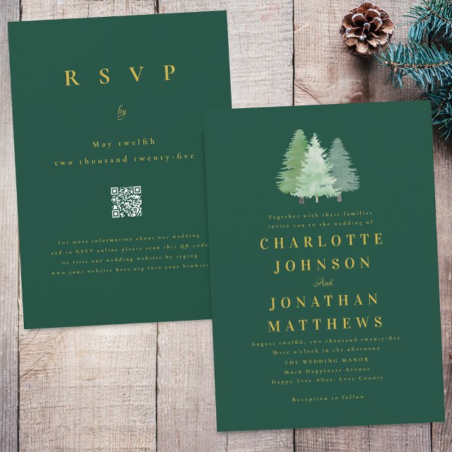 QR-Code für einfaches Hochzeitsstipendium für Wäld Einladung (Simple modern woodland forest gold  Green wedding qr code invitation watercolor evergreen pine trees)