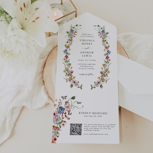 QR-Code für Flora und Fauna in einer Einladung (Colorful Floral QR Code Wedding All In One Invite by Painted Paperie
)