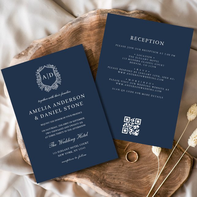 QR-Code für Hochzeiten von Navy Blue Floral Wappen Einladung (Von Creator hochgeladen)