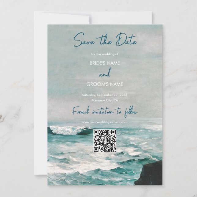 QR-Code für Hochzeiten von Wasserfarben-Ocean-Mono Save The Date (Vorderseite)