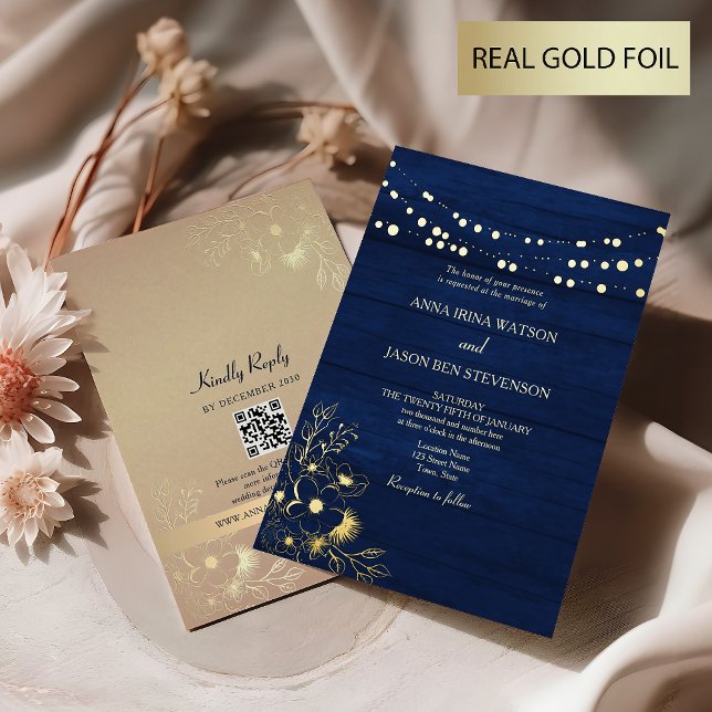 QR-Code für Hochzeitsfeiern von Navy Gold Foil Folieneinladung (Von Creator hochgeladen)