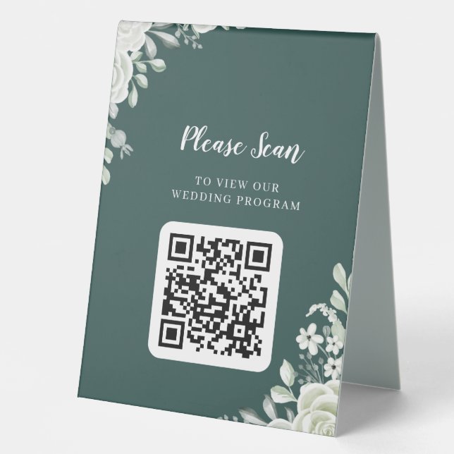 QR-Code für Hochzeitstisch-Zelt-Zeichen für grünes Tischaufsteller (Vorderseite)