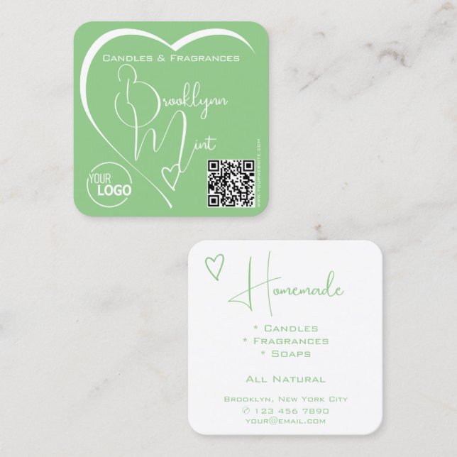 QR-Code für Light Minze Green Calligraphy Heart Lo Quadratische Visitenkarte (Vorne/Hinten)
