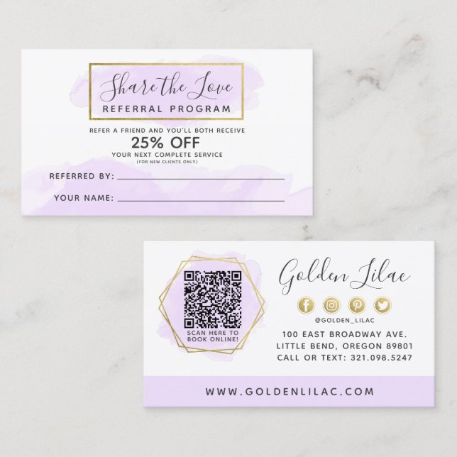 QR-Code für lila Aquarellfarben und Goldvermerke Visitenkarte (Vorne/Hinten)