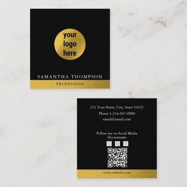 QR-Code für luxuriöse Black & Gold-Business-Logos Quadratische Visitenkarte (Vorne/Hinten)