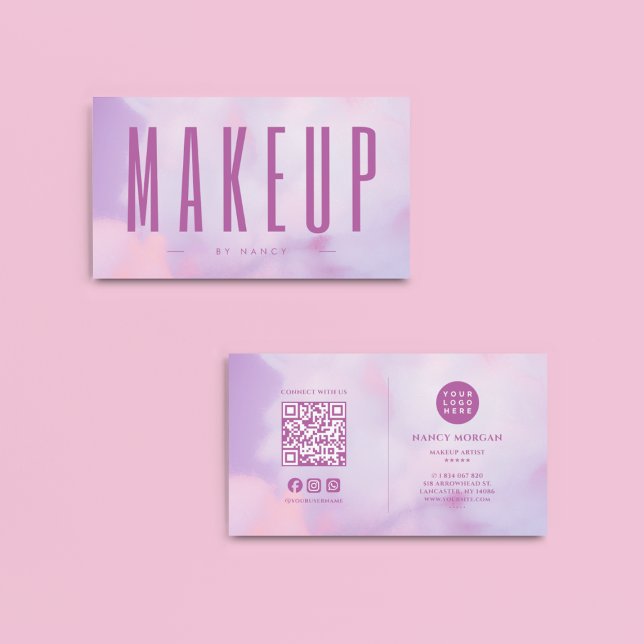 QR-Code für Makeup-Künstler und Lila Logo-Holograf Visitenkarte (Von Creator hochgeladen)
