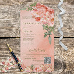 QR-Code für moderne Blush Peach Peonys All In One Einladung<br><div class="desc">MIT ODER OHNE QR-CODE IM UAWG BEREICH ERHÄLTLICH. Dieses Design ist mit einer großen Eckblüte aus Pfirsich und Korallen, die mit Grünpflanzen geschmückt ist, ausgestattet. Das Design wird auf einem pfirsichfarbenen Vintagen Hintergrund angezeigt. Personalisierte All-In-One-Einladungen sind eine einzigartige Kombination aus einer schön gedruckten, maßgeschneiderten Einladung und einer leicht zu abreißenden...</div>