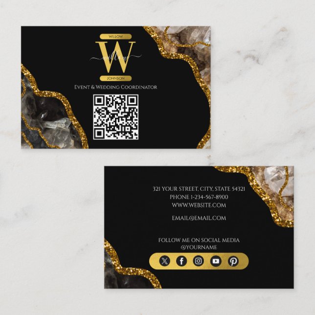 QR-Code für Monogramm-Glitzer mit schwarzem Agate- Visitenkarte (Vorne/Hinten)