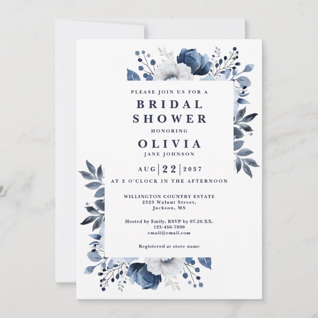 QR-Code für Navy Blue Elegant Floral Brautparty Einladung (Vorderseite)