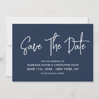 QR-Code für Navy Modern Calligraphy Scannable Save The Date