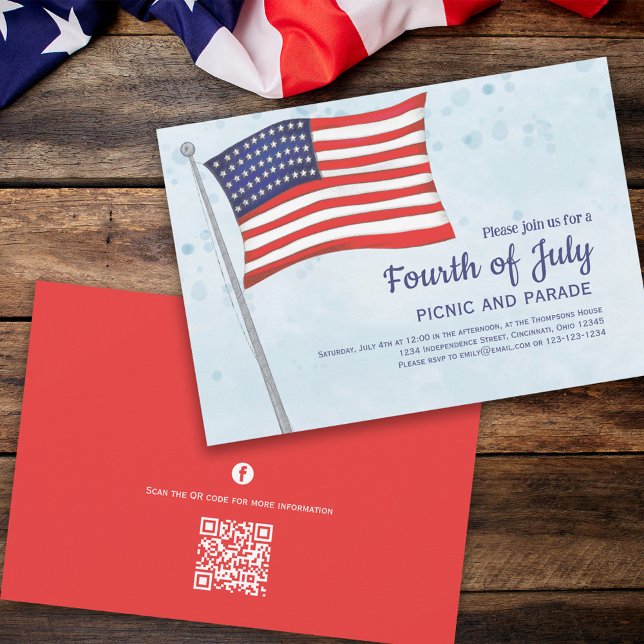 QR-Code für niedlich Red White Amerikanische Unabh Einladung (Fourth of July party invitation with red, white, and blue flags. With a scannable QR Code.  )