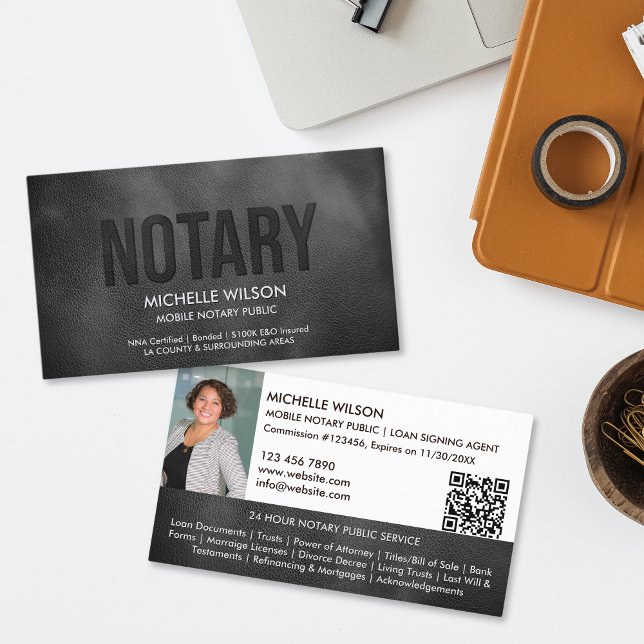 QR-Code für Notare Public Loan Signature Agent Fot Visitenkarte (black  leather with embossed "notary" text business card)