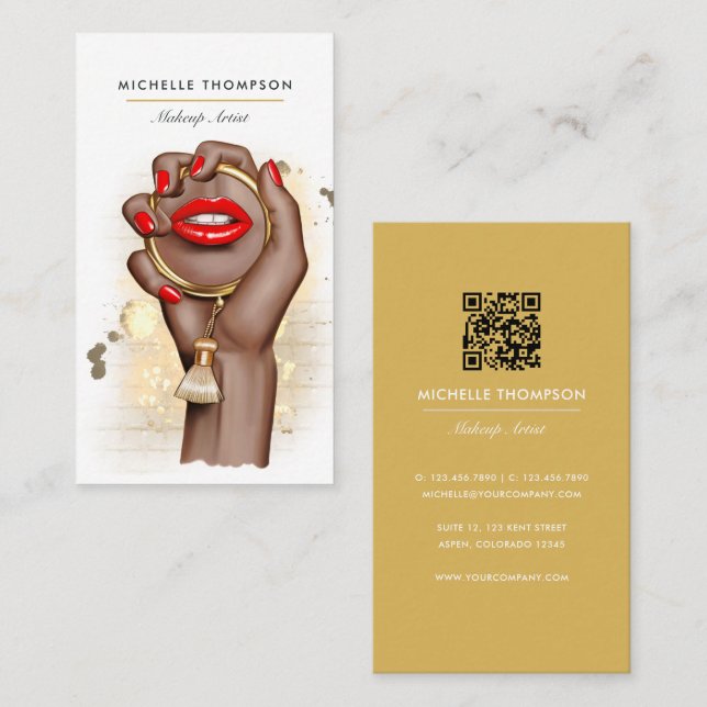 QR-Code für Red and Gold Glam Chic Beauty Industry Visitenkarte (Vorne/Hinten)