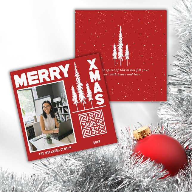 QR-Code für Red & White Merry Xmas Quadratische Visitenkarte (Transform your business card with a festive holiday design that reflects your spirit! Order now!)