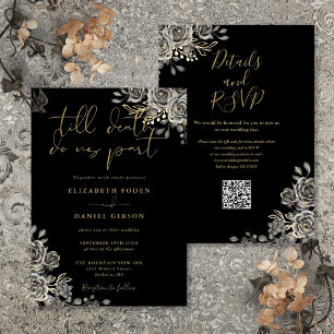QR-Code für Schwarz-Gold-Gothic-Flora-Hochzeit Einladung