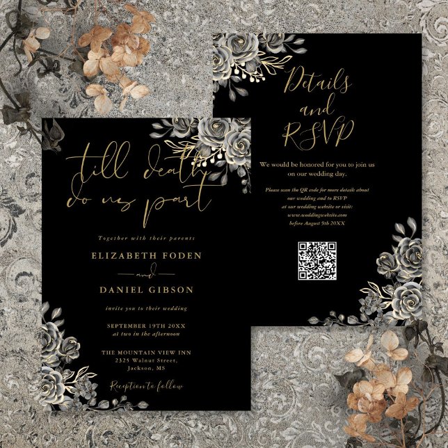 QR-Code für Schwarz-Gold-Gothic-Flora-Hochzeit Einladung (Black And Gold Gothic Floral QR Code Wedding Invitation)