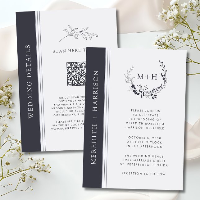 QR-Code für Schwarz-Weiß-Monogramm Einladung (Monogram Black and White QR Code RSVP Inked Botanical Wedding Invitation)
