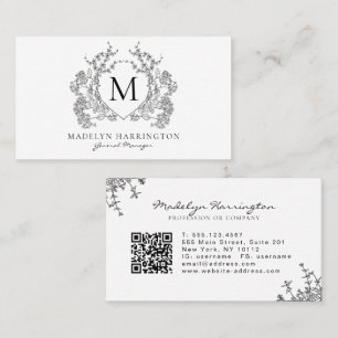 QR-Code für Schwarz-weißes florales Wappen Visitenkarte