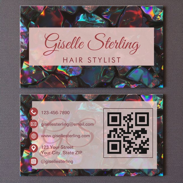 QR-Code für schwarze Haare Stylist Opal Gemstone Visitenkarte (Von Creator hochgeladen)
